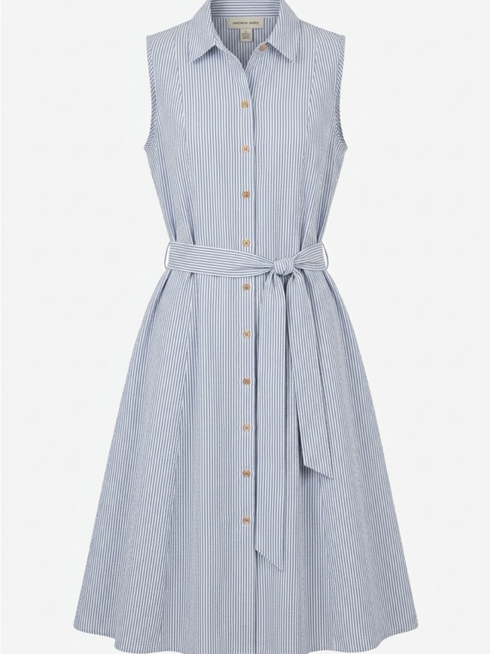 Anne Klein Blue and White Striped Sleeveless Midi Shirt Dress with Tie Waist